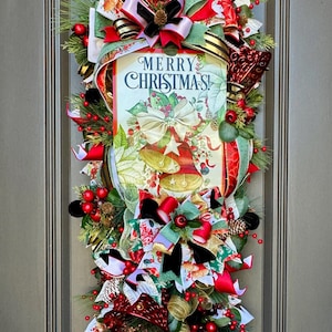 Merry Christmas Front Door Swag Wreath, Christmas Bell Swag, Bells and Pine Swag, Holiday Front Door Gift, Classic Bells Christmas Wall Art
