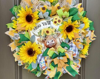 Sunflower Wreath, Everyday Front Door Wreath, Highland Cow Sunflower Door, Farmhouse Cow Wreath, Sunflower Wreath,  Summer Home Decor