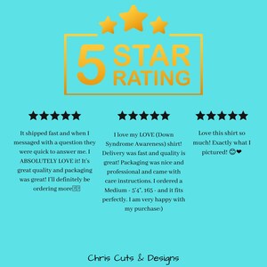 Pu&ograve; includere: Uno sfondo turchese con una grafica dorata "5 STAR RATING" e recensioni dei clienti. Le recensioni menzionano spedizione veloce, qualit&agrave; e soddisfazione con una "LOVE (Down Syndrome Awareness) shirt". Il nome del negozio "Chris Cuts & Designs" &egrave; in basso.
