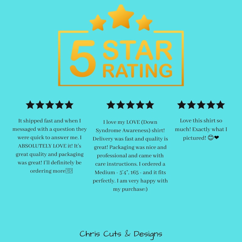 Pu&ograve; includere: Uno sfondo turchese con una grafica dorata "5 STAR RATING" e recensioni dei clienti. Le recensioni menzionano spedizione veloce, qualit&agrave; e soddisfazione con una "LOVE (Down Syndrome Awareness) shirt". Il nome del negozio "Chris Cuts & Designs" &egrave; in basso.