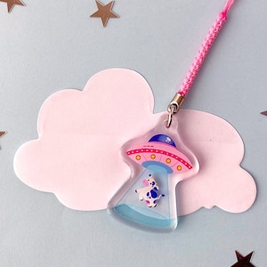 Ufo Phone Charm | Little Cow with Aliens Acrylic Epoxy Charm | Cute Space Cellphone Accessory |  Funny, Whimsical and Playful Keychain
