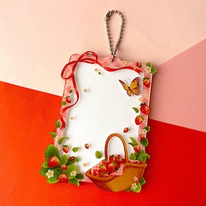 Rose Fraise Pique-Nique Acrylique Kpop Porte-Cartes Photocard Fleur Papillon Noeud Porte-clés Adorable Coquette Accessoire | Cadeau pour boîtier PC fan de K-Pop