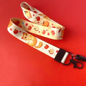 Cozy Lanyard | Orange Cat Apples Cherry Pie Gingham | Double Sided Fabric Lanyard | Cute Keychain Accessory | Badge Holder