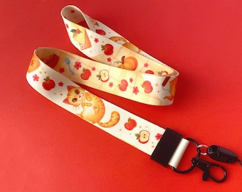 Cozy Lanyard | Orange Cat Apples Cherry Pie Gingham | Double Sided Fabric Lanyard | Cute Keychain Accessory | Badge Holder