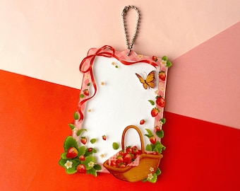 Pink Strawberry Picnic Acrylic Kpop Photocard Card Holder Flower Butterfly Bow Keychain Cute Coquette Accessory | Gift for K-Pop Fan PC Case