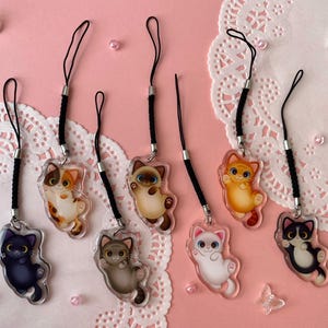 Cute Tiny Cat Phone Charms | Pet Gift | Little Kitten Neko Acrylic Keychain Accessory | Calico, Black, Tuxedo, Siamese, Orange, Brown Tabby