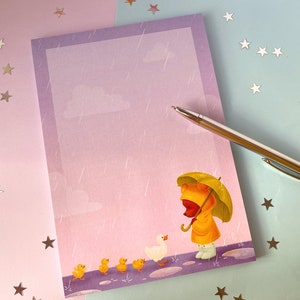 Rain Bear Duckies Notizblock | A5 Nicht Haftendes Papier Memo Pad | Bär Mit Regenschirm Entenmutter und Baby Enten | Süßes Notizbuch