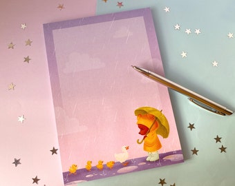 Rain Bear Duckies Notepad | A5 Non-adhesive Paper Memo Pad | Bear With Umbrella Duck Mom and Baby Ducks | Cute Stationery Notebook