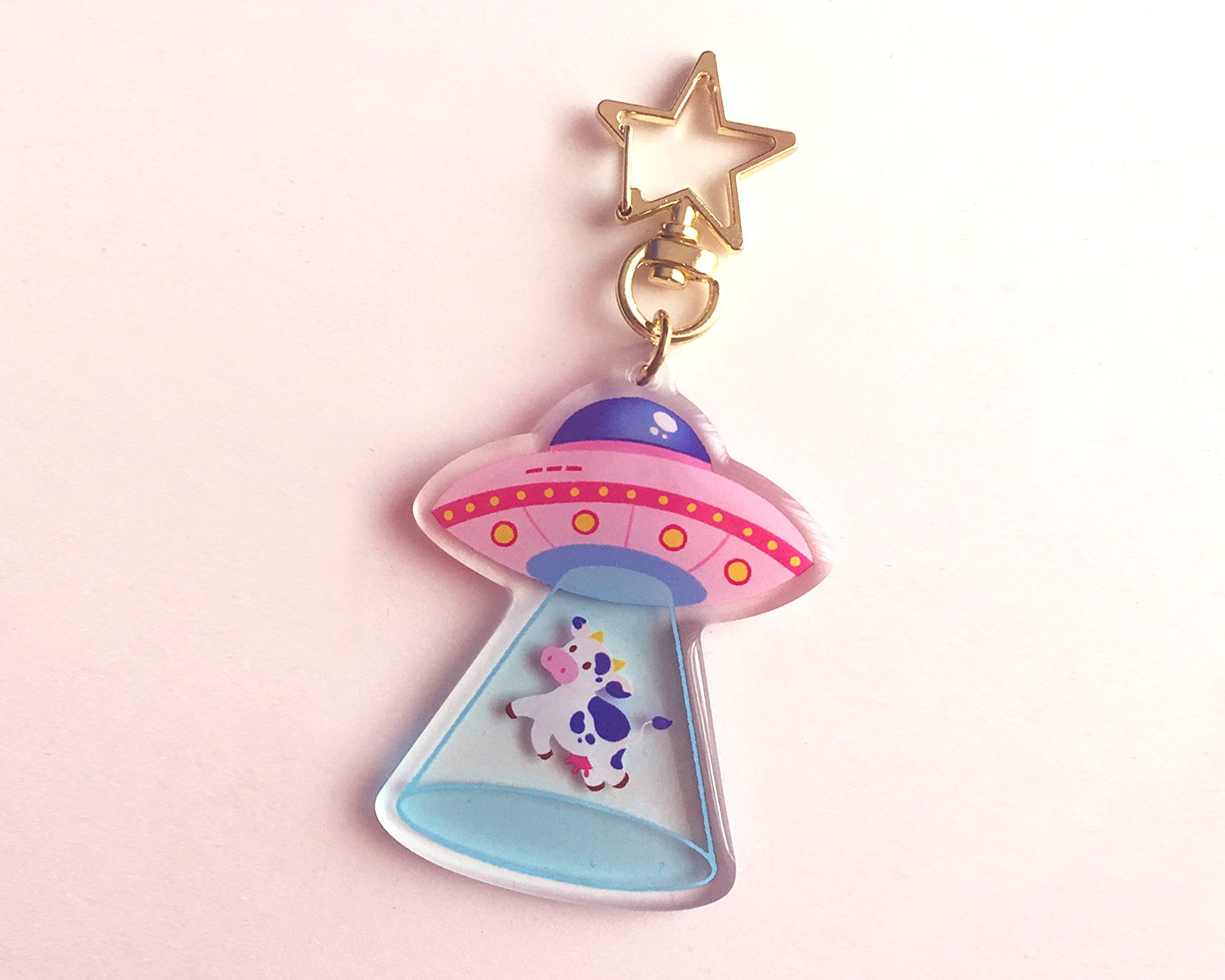 Ufo Keychain | Little Cow with Aliens Acrylic Epoxy Charm | Cute Space Accessory |  Funny, Whimsical and Playful Keychain | Gold Star Clasp