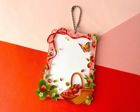 Pink Strawberry Picnic Acrylic Kpop Photocard Card Holder Flower Butterfly Bow Keychain Cute Coquette Accessory | Gift for K-Pop Fan PC Case