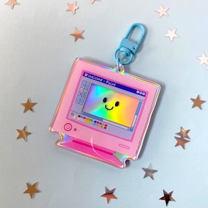 Computer Rainbow Holographic Keychain | Pink PC Acrylic Epoxy Charm Gift for Artist | Cute Funny Accessory | Vintage Retro Painting Software