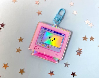 Computer Rainbow Holographic Keychain | Pink PC Acrylic Epoxy Charm Gift for Artist | Cute Funny Accessory | Vintage Retro Painting Software
