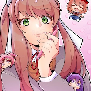 Puede incluir: Ilustración de estilo anime de una mujer con pelo largo rosa, ojos verdes y un bolígrafo rosa. También hay tres personajes chibi presentes. El fondo es rosa con detalles blancos. La mujer lleva una blazer gris y una camisa blanca.