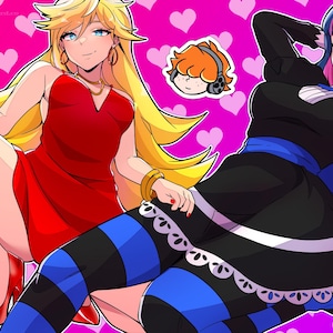 May include: An anime-style illustration featuring two female characters in a pink heart-patterned background. One character wears a red dress, the other a black dress with blue and black striped stockings. Cartoon character stickers are in the image.
