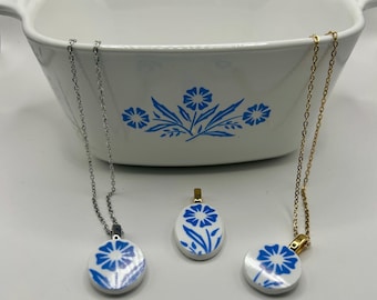 CorningWare Blue Cornflower broken dish jewelry: hypoallergenic stainless steel necklace