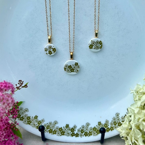 Crazy Daisy Corelle custom broken china dish jewelry: hypoallergenic stainless steel necklace or earrings