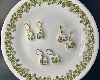 Crazy Daisy Spring Blossom Green Corelle broken china hypoallergenic stainless steel lever back earrings
