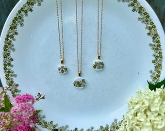 Crazy Daisy Corelle custom broken china dish jewelry: hypoallergenic stainless steel necklace or earrings