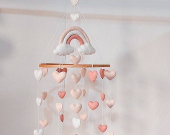 Heart mobile with Rainbow. Crib mobile. Nursery decor. Hanging mobile.