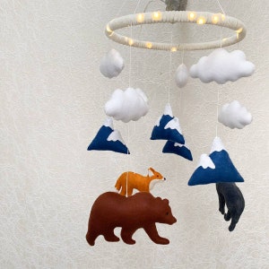 Woodland Mobile with Bear, Fox, Wolf, Moon, Mountains and nightlight. Baby Crib Felt Mobile.  Woodland Baby Shower. Forest Nursery Decor.