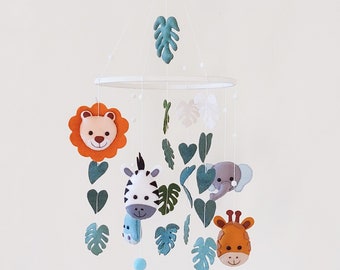 Baby mobile Felt mobile Jungle mobile with Elephant, Lion, Giraffe, Zebra, Monstera Leaves