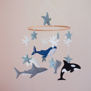 Ocean mobile with Whale, Beluga, Orca, Shark, Dolphin, Starfishes, Corals. Whale mobile. Felt baby Mobile. Under the sea mobile.
