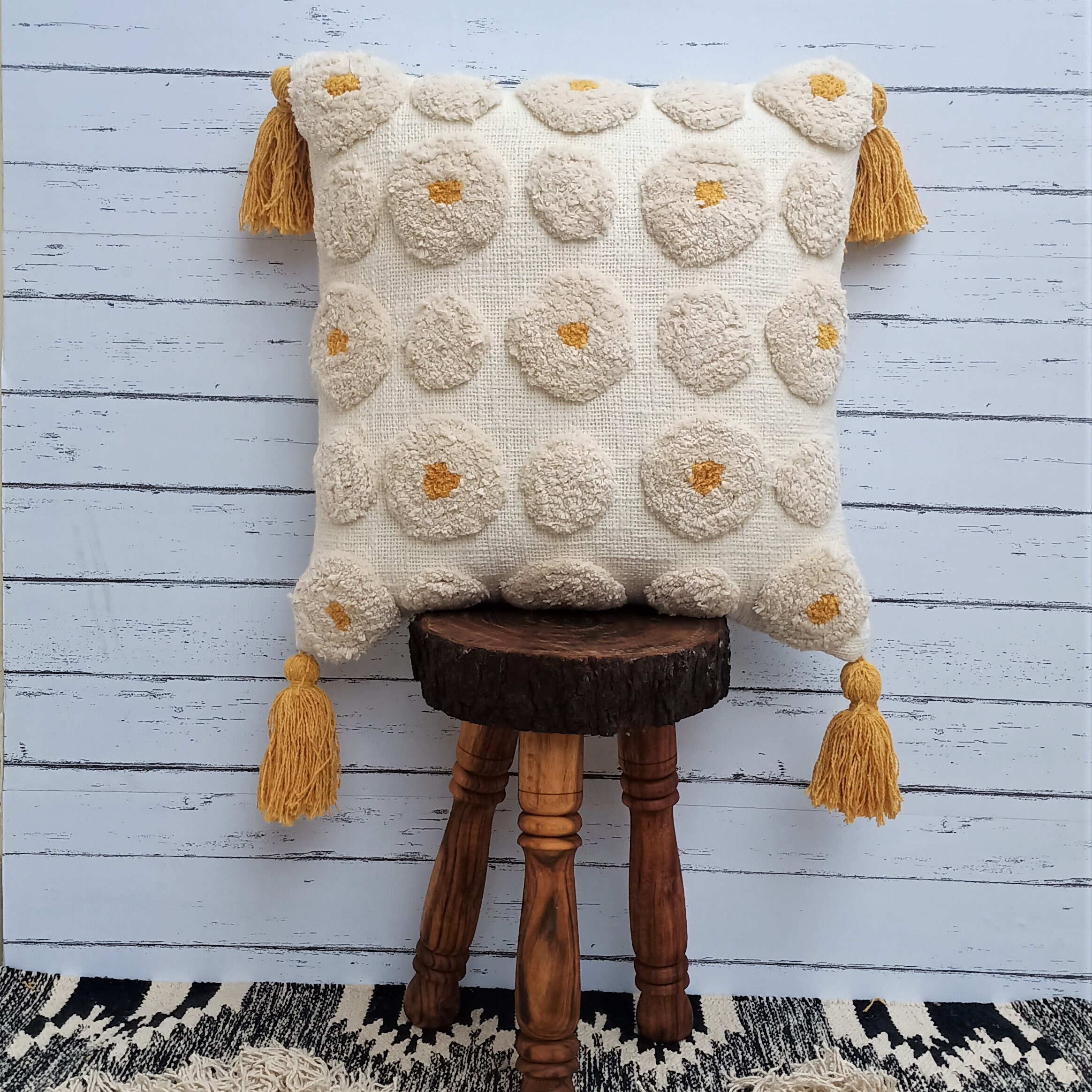 Mustard Yellow Ivory Boho Pillow Cover Decorative Tassel Etsy