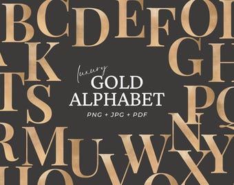 May include: Gold alphabet letters in a serif font against a dark gray background. The words "Luxury Gold Alphabet" are in the center, with "PNG + JPG + PDF" below. The letters have a metallic, textured appearance.
