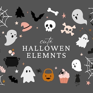 Könnte beinhalten: Süße Halloween-Elemente in verschiedenen Farben, darunter Geister, Fledermäuse, Spinnen, Kürbisse und Süßigkeiten. Der Text "cute HALLOWEEN ELEMENTS" befindet sich in der Mitte des Bildes.