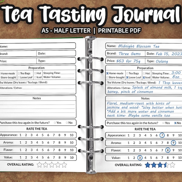 Tea Journal, Tea Tasting Journal, Tea Organizer, Tea Accessories, Gift for Tea Lovers - A5 and Half Letter Printable - PDF Instant Download