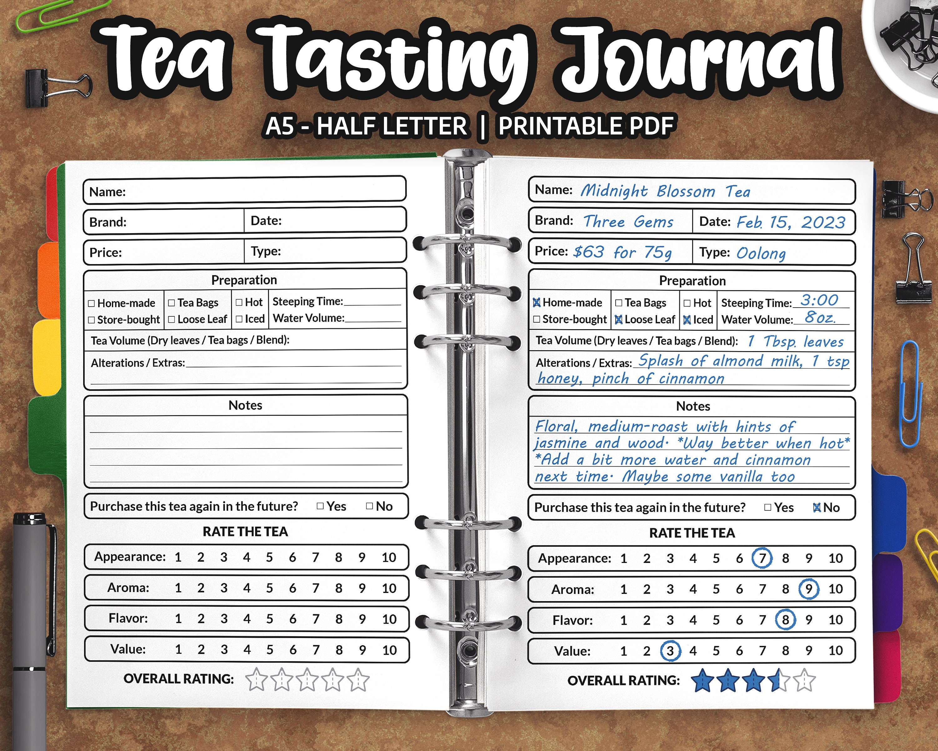 Tea Journal, Tea Tasting Journal, Tea Organizer, Tea Accessories, Gift