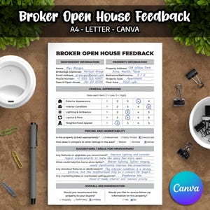 Broker Open House Feedback Form | Realtor Tour Feedback Sheet | Real Estate Agent Open Feedback Questionnaire | Printable PDF