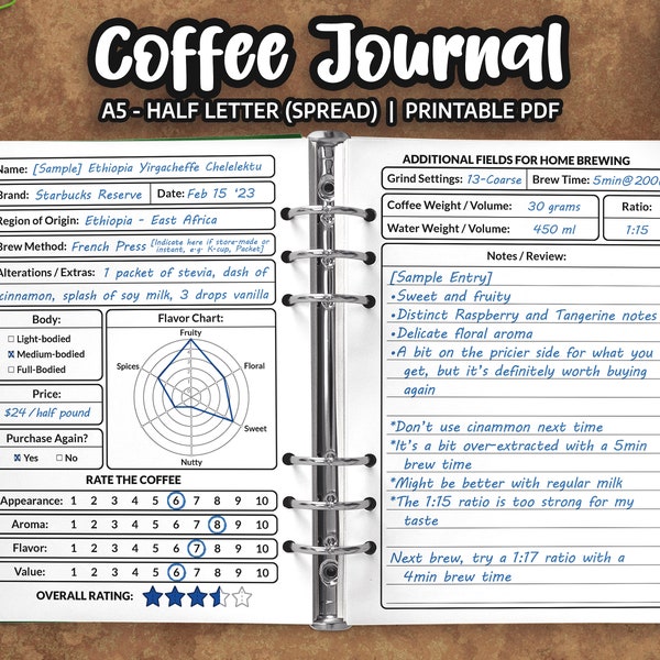 Coffee Journal, Coffee Printable, Coffee Organizer, Coffee Guide - A5 and Half Letter Printable - PDF Instant Download