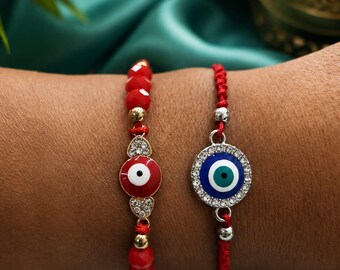 Evil Eye Protection Bracelet, Mal de Ojo, Red & Blue Crystal Anklet (Adjustable)