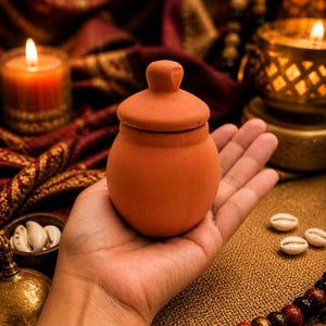 May include: A small, terracotta-colored clay pot with a lid, held in an open hand. The pot is round with a small knob on top. The background includes candles, beads, and decorative fabric, suggesting a spiritual or decorative theme.