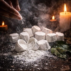 May include: A close-up shot of white, round, cheese portions, some cut open, with powder being sprinkled on them. The scene is dimly lit with candles and smoke, creating a rustic and artisanal feel. Green leaves are visible.