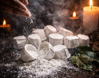 May include: A close-up shot of white, round, cheese portions, some cut open, with powder being sprinkled on them. The scene is dimly lit with candles and smoke, creating a rustic and artisanal feel. Green leaves are visible.