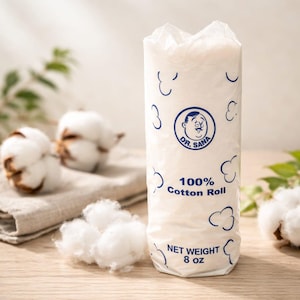May include: A white cotton roll package with blue accents and the text "Dr. Sana 100% Cotton Roll." The package is cylindrical and contains fluffy white cotton. The net weight is 8 oz. Cotton bolls are in the background.