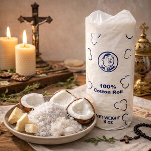 May include: A package of Dr. Sana 100% Cotton Roll, net weight 8 oz, stands next to a plate with coconut pieces, shredded coconut, and blocks of white wax. Lit candles and a crucifix are in the background.