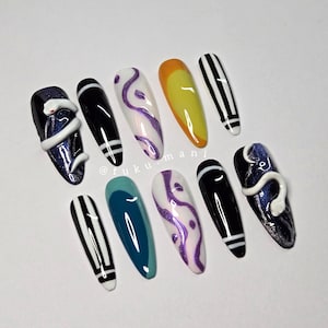 Obanai Iguro Demon Slayer Nails | Snake Hashira Press Ons w/ Kaburamaru 3D Thumb | Black,White,Purple,Yellow,Teal,Stripe | Long Almond Nails