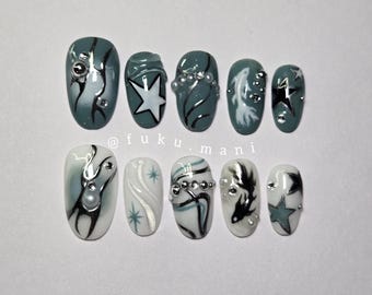 Satosugu anime inspired Press On Nails | Gojo + Geto Inspired Anime Nails | Blue Grey White Ombre, Chrome Stars & Black Swirls | Handmade 3D