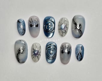 Gojo Inspired Press On Nails | Anime nails | Blue Silver chrome swirl Nail Art | icey blue & purple cateye | Custom Handmade | JJK