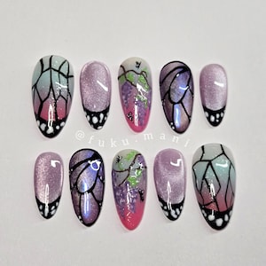 Shinobu Kocho Insect Hashira Press On Nails| Butterfly Cat Eye Nails, Wisteria Flowers, Haori Ombre Design,Custom Anime Nails | Demon Slayer
