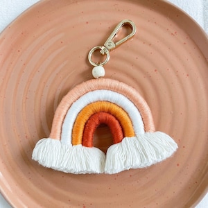 Peaches Rainbow Macrame Keychain with Wooden Bead Accent