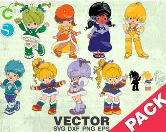 vector pack Rainbow Brite and friends SVG png dxf eps, 8 different rainbow bright character designs, for printing sublimation or cutting