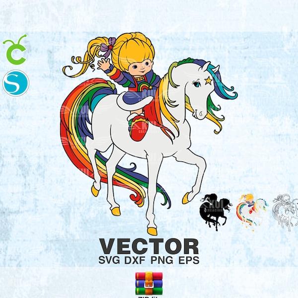 vector Rainbow Brite and Starlite SVG png dxf eps , diseño vintage de los 80, rainbow bright caballo arcoiris