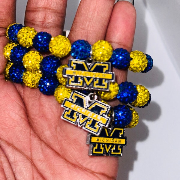 Support Your Team in Style - Handmade Bracelet with Rhinestone or Gemstone Beads - Go Big Blue! Michigan Wolverines Champions