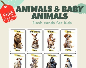 Animals and baby Animals • 16 Montessori Cards • Flash Cards Nomenclature Flash Cards PDF Printable Cards preschool Toys Flashcard  for kids