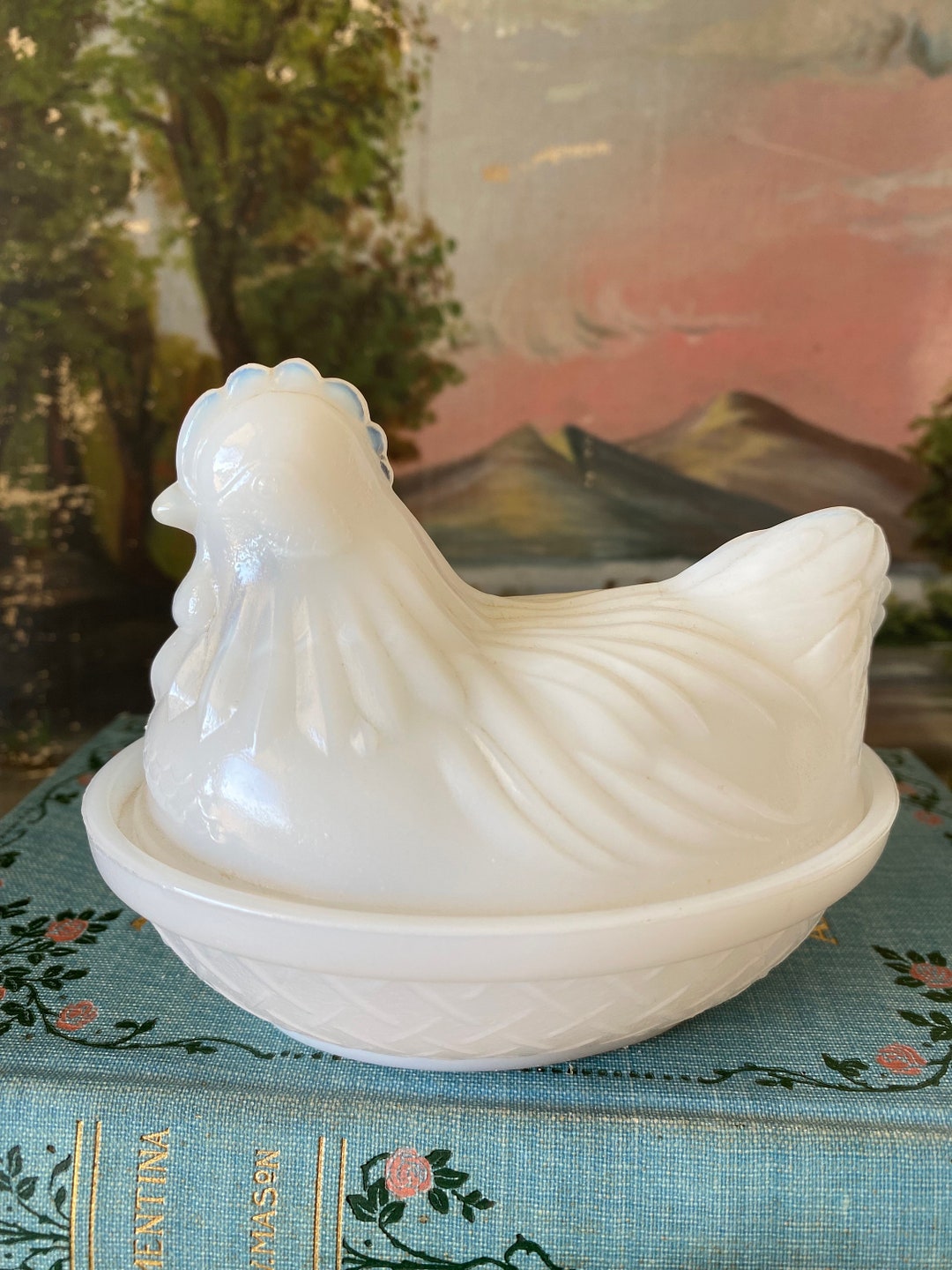 Antique Early Glass Hen on Nest Chicken Figurine Vintage Glass Spring