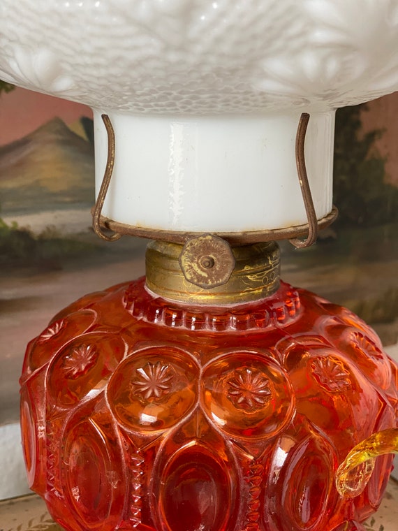 Antique Kerosene Oil Lamp With Red Carnival Glass And Embossed Antique Kerosene Oil Lamp With Red, Antique Carnival Glass Lamp Shades